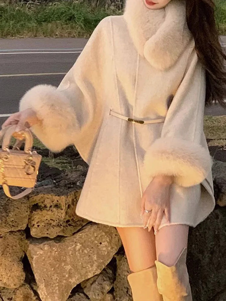 Elegant Women Woolen Coat Long Sleeve Korean Fashion Vintage Jackets Slim Solid Fairycore Autumn Winter Coats