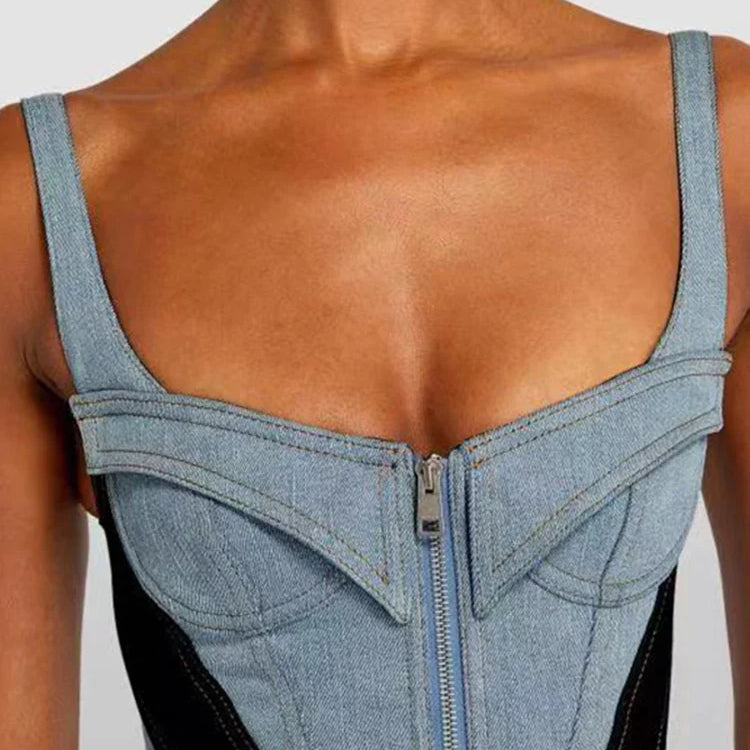 DEAT Streetwear Patchwork Contrast Color Denim Dress For Women Sleeveless Zipper Short Dresses Summer Female New 11XX4973