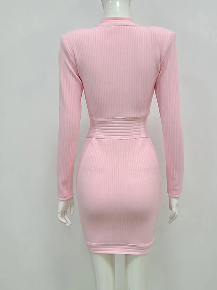 Winter Style Sexy Long Sleeve Key Hole Button Pink Mini Women Bodycon Bandage Dress Elegant Evening Club Party Dress