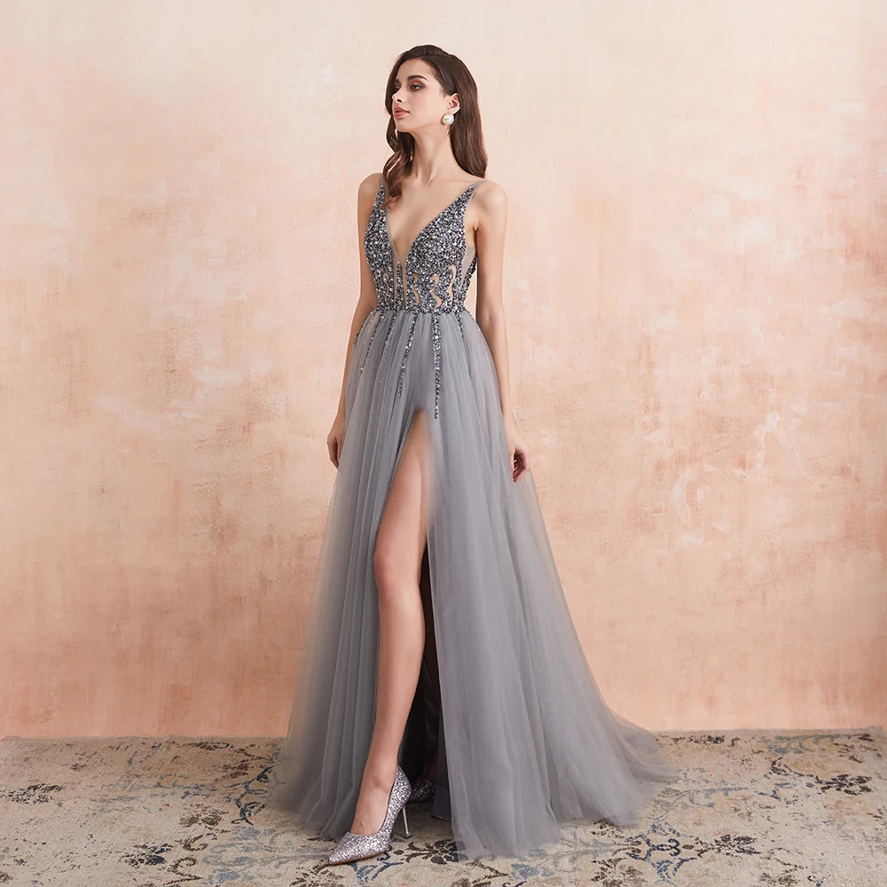 Sexy V Neck Evening Dresses for Women Green Crystal Beaded Beads Backless Prom Formal Gown