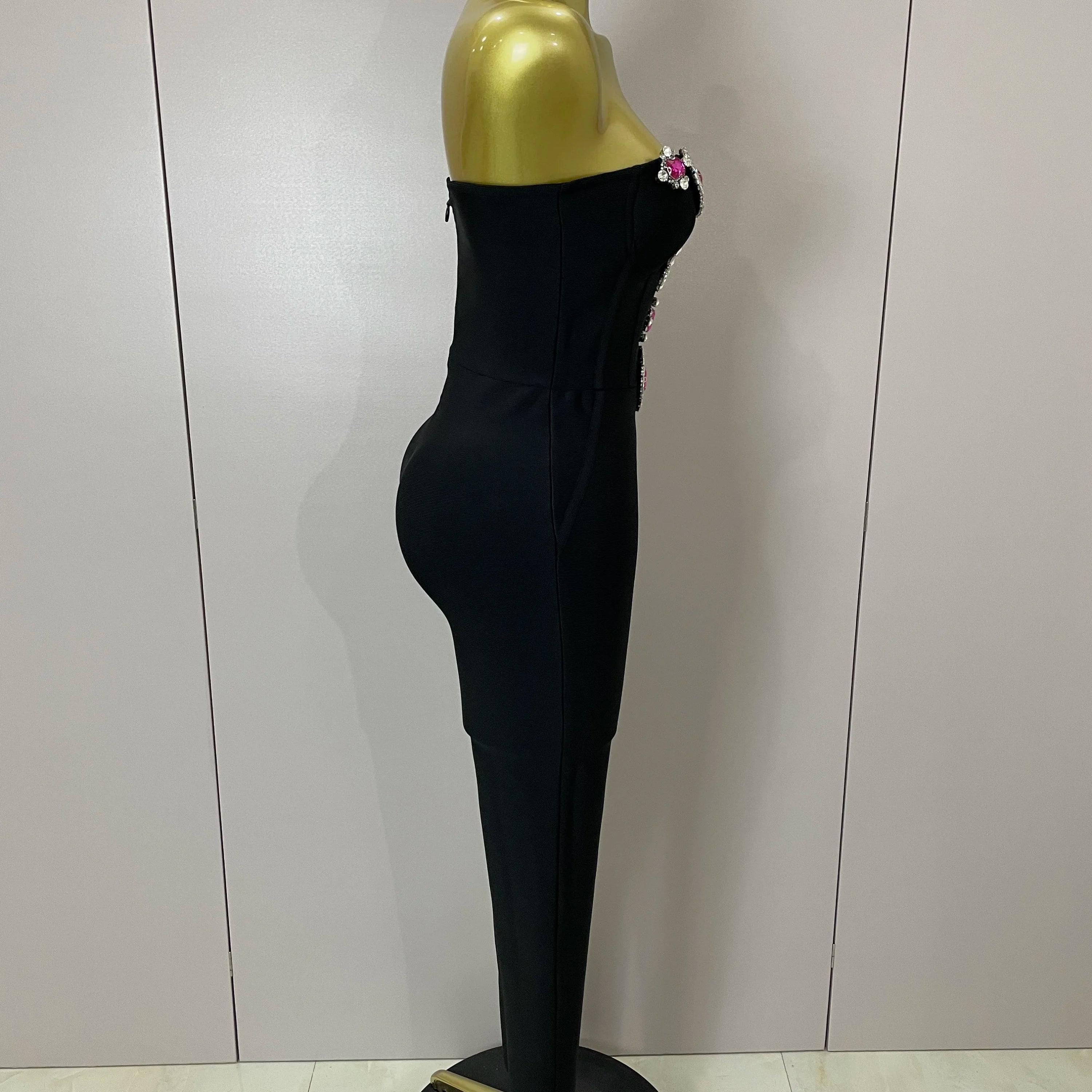 Luxury Sexy Strapless Backless Crystal Diamonds Black Bodycon Bandage Jumpsuit 2025 Women Celebrity Designer High Street Rompers