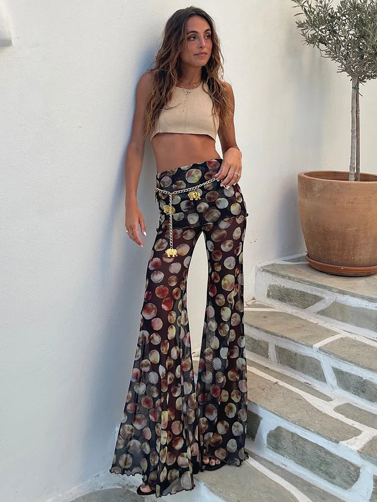Mesh Leopard Print Trousers Woman Fashion High Waist Print Wide Leg Pants Female Elegant Printed Long Pants Bottoms