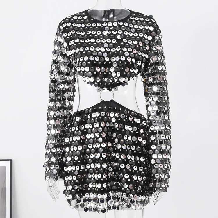 Sexy Sequined Evening Dress Women Long Sleeve O Neck Slim Backless Fashion Mini Dresses Party Hallow Out Ferrule Robe