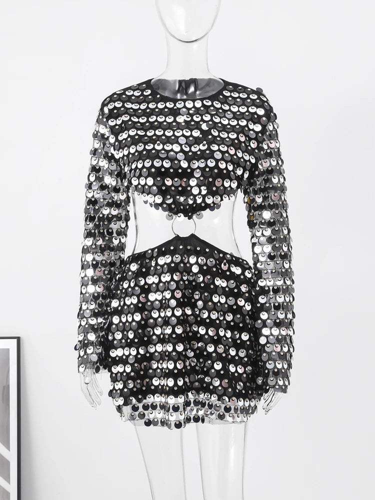 Sexy Sequined Evening Dress Women Long Sleeve O Neck Slim Backless Fashion Mini Dresses Party Hallow Out Ferrule Robe