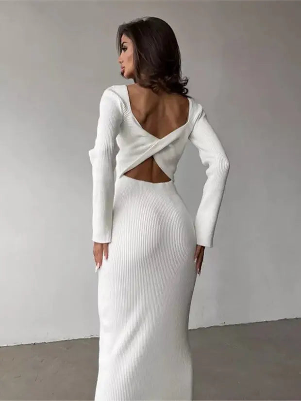 Autumn New Hot White Long-sleeved O-neck Chest-wrapped Hollow High Waist Slim Dress Crop Top Elegant Knee Skirt Rib Fabric Dress Beige