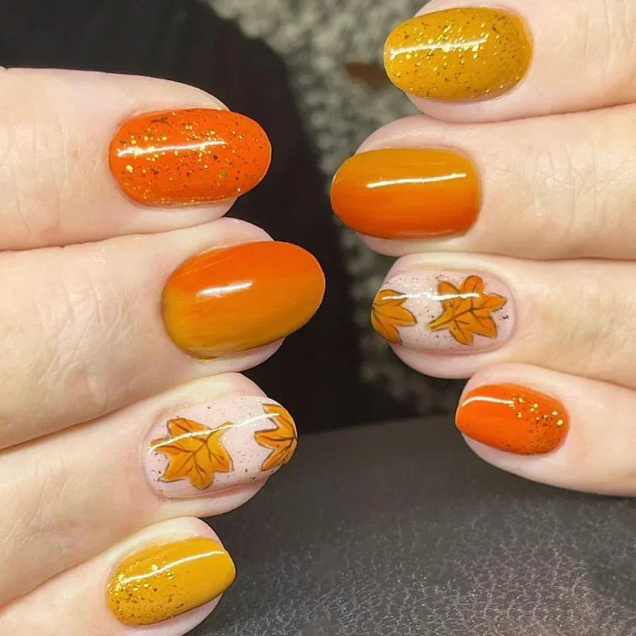 24Pcs Short Press-on Nails Set Square Fallen Leaves Design Orange Flower Nail Tips for Autumn Winter Nails Fake Women&girls Wear