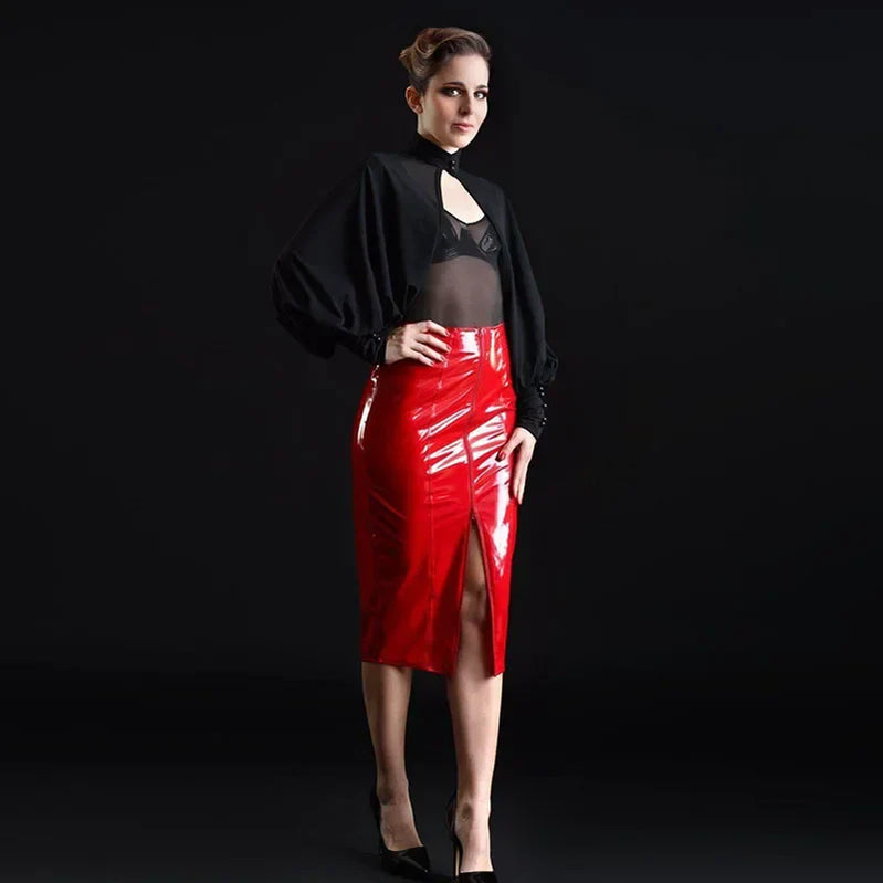High Waist Faux PU Leather Midi Skirts Women Sexy Front Split Pencil Skirts Ladies Shiny Patent Leather Slim Clubwear New Custom Red