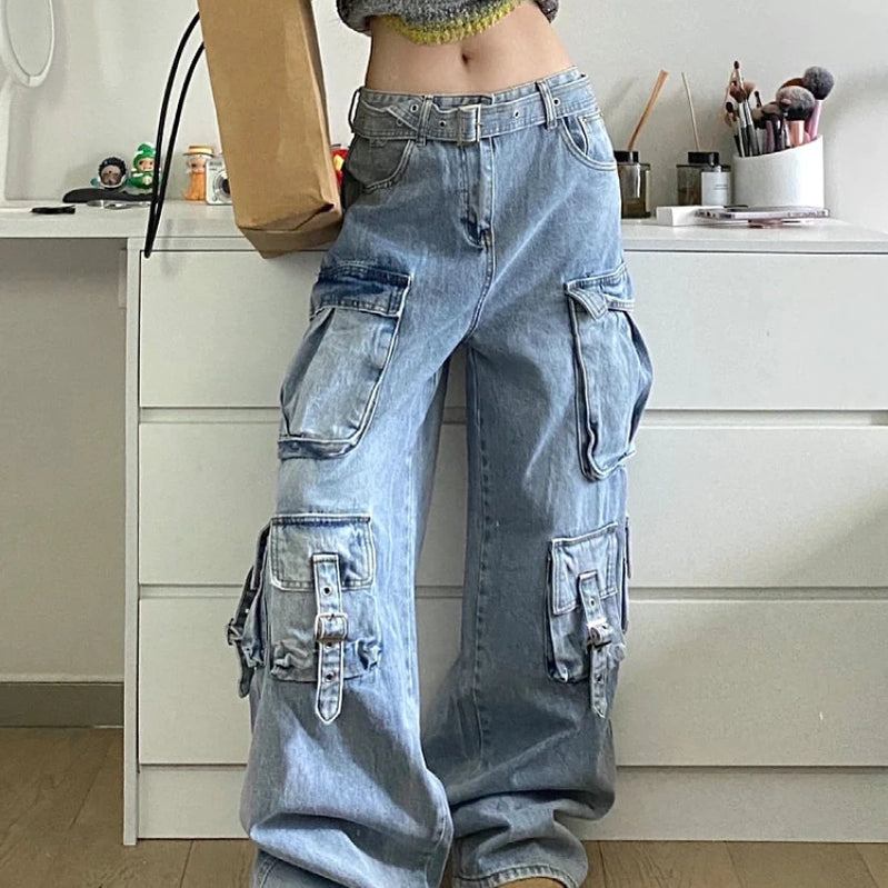 Autumn Winter New Ladies Cargo Jeans American Street Style Baggy Cargo Pants Women Blue Multi-pocket Wide Leg Jeans for Women
