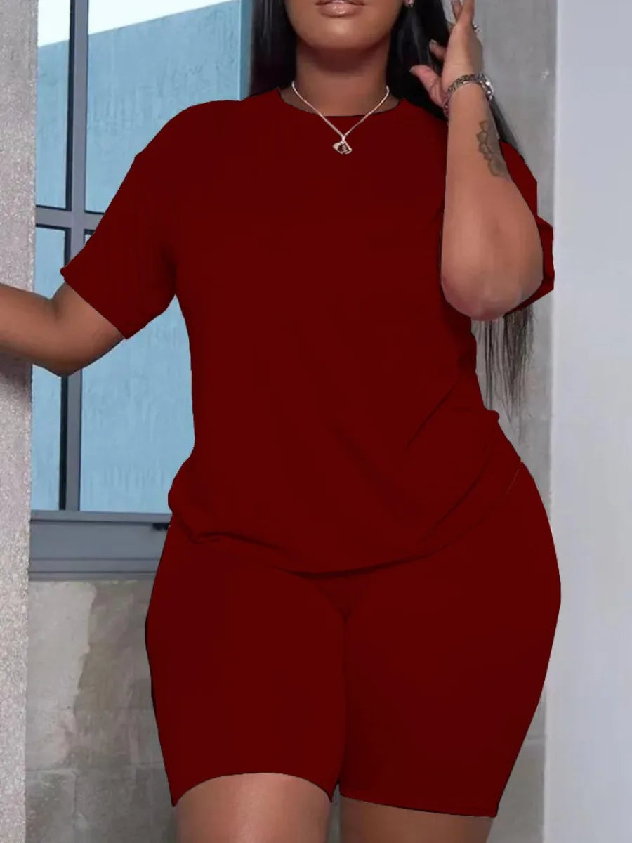 LW Basic Plus Size Summer Women's Suit Short Sleeve Top and Pants Casual Solid Color Sportswear Slim Two-piece  Outfit