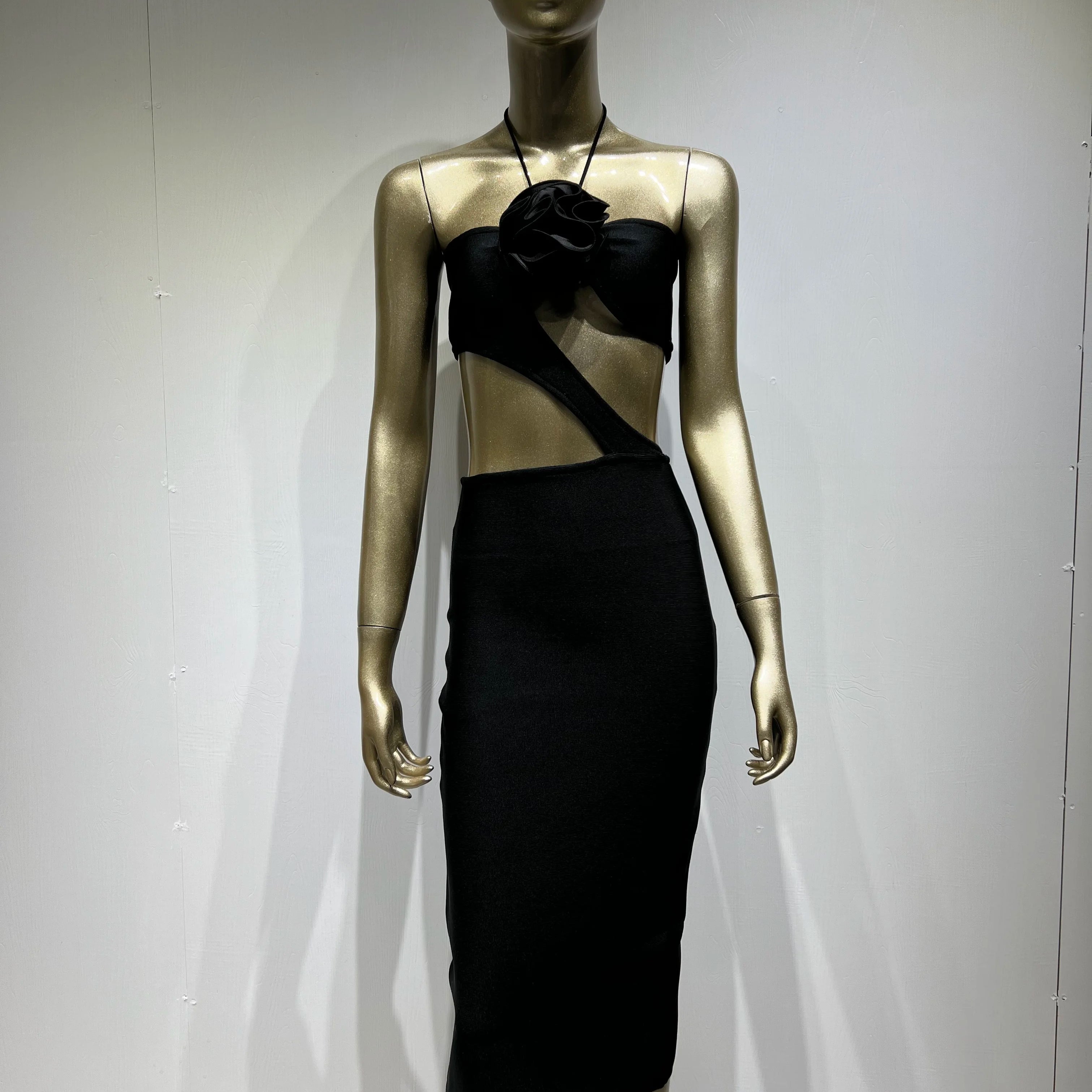 2023 Summer 3D Flower Sexy Hollow Out Sleeveless Bodycon Black Long Dress Fashion's Sexy Woman Party Outfit Beach Party Vestido