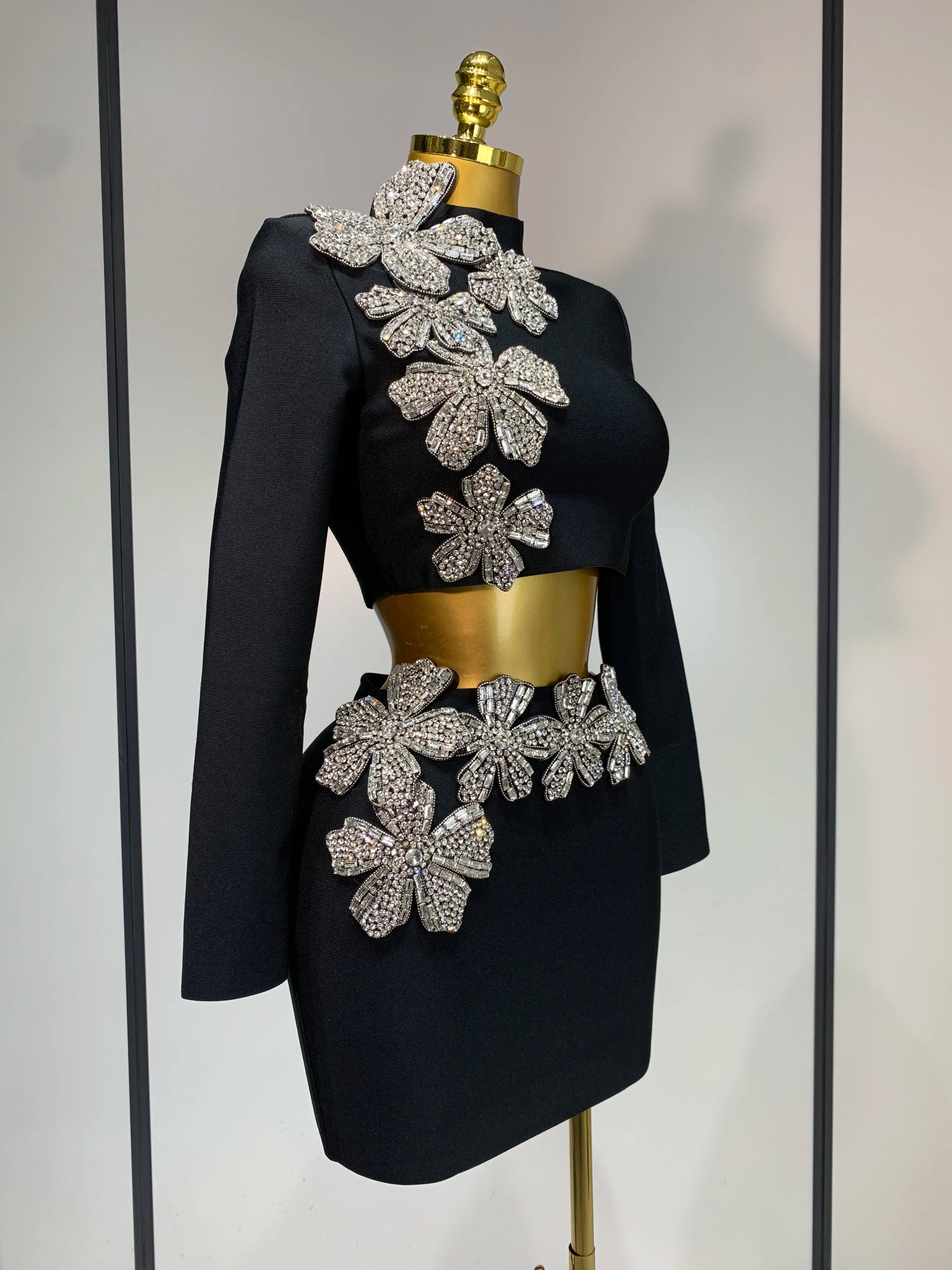 Women Long Sleeves Bandage Two Piece Sets Turtleneck Shiny Diamonds Flower Top Bodycon Mini Skirts Suits Evening Club Party Set