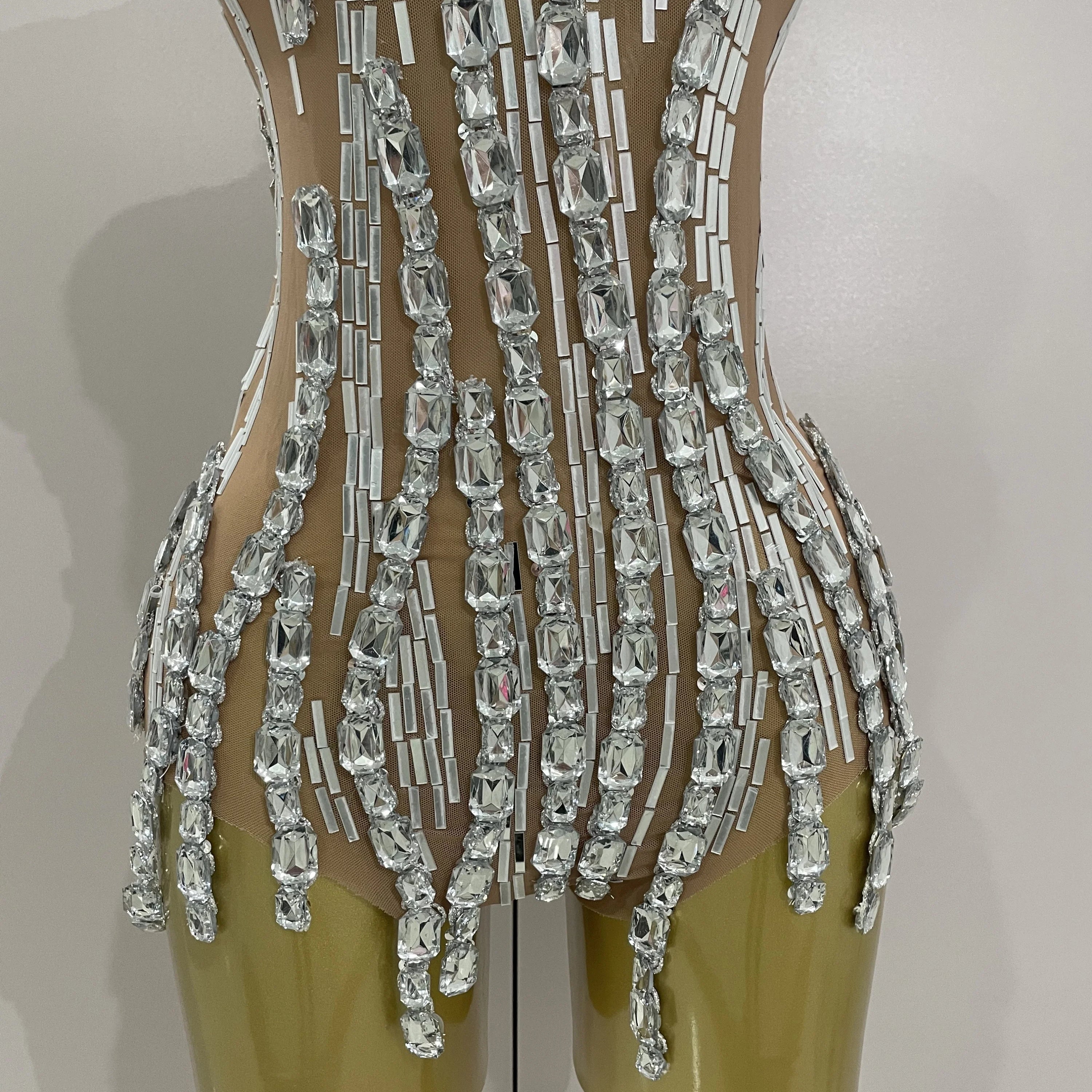 Sparkly Rhinestone Chain Sexy Transparent Sleeveless Bodysuit 2025Women Party Nightclub Team Performance Costume Show Stage Wear