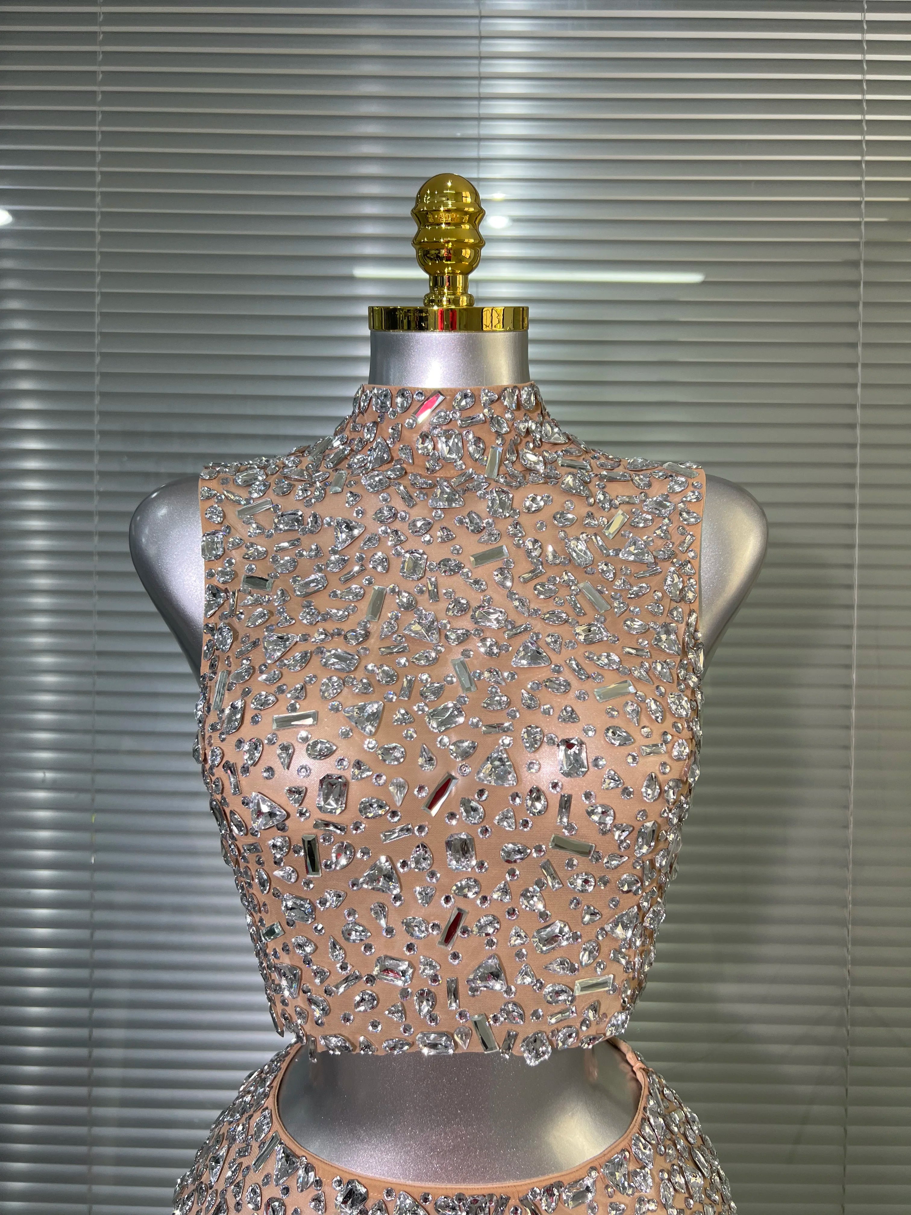 Women Sexy Two Pieces Set Women Skin Crystal Diamond Night Club Skirt Suits Singer Dancer See Through Stage Performance Costume