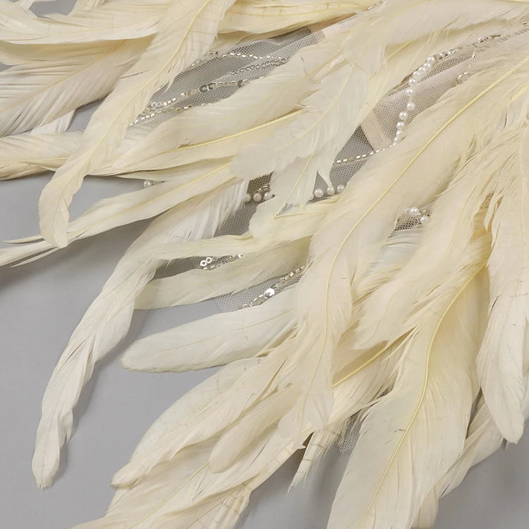 VC Nude Strapless Crystals Embellished Long Dress Sheath Low V Neck Sleeveless Feather High Side Slit Floor Length Evening  Gown