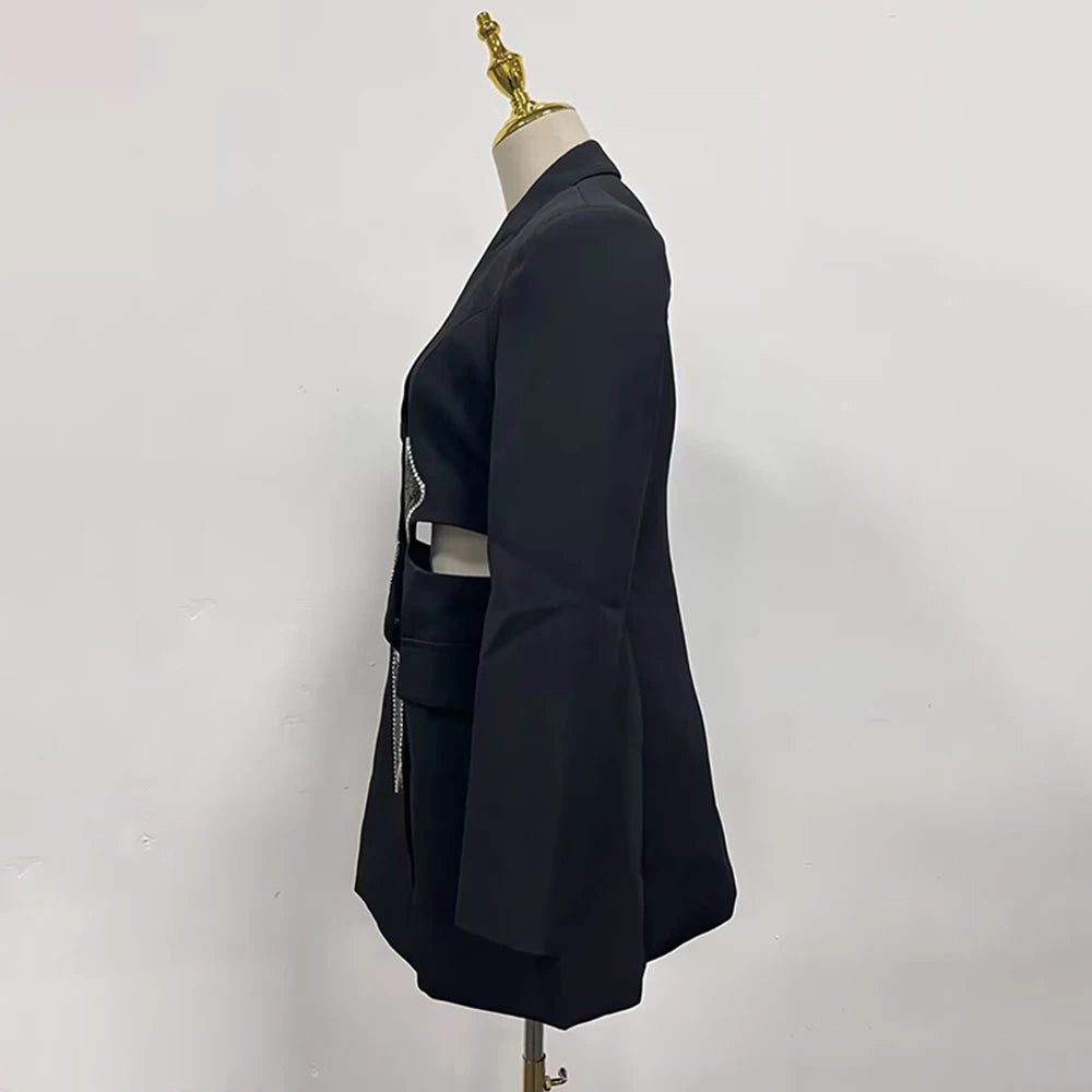 TWOTWINSTYLE Solid Hollow Out Spliced Bow Fashion Jackets for Women Lapel Long Sleeves Patchwork Button Jacket Female Clothing