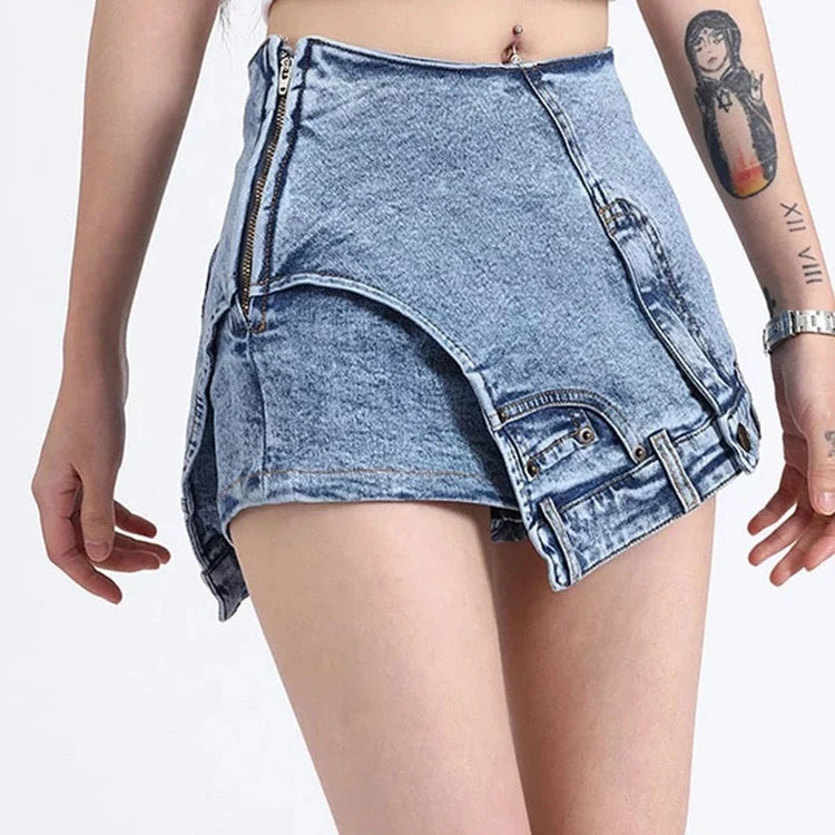 TWOTWINSTYLE Patchwork Bolso Irregular Chique Denim Shorts Para Mulheres Cintura Alta Zíper Emendado Designer Calças Curtas Femininas Novas