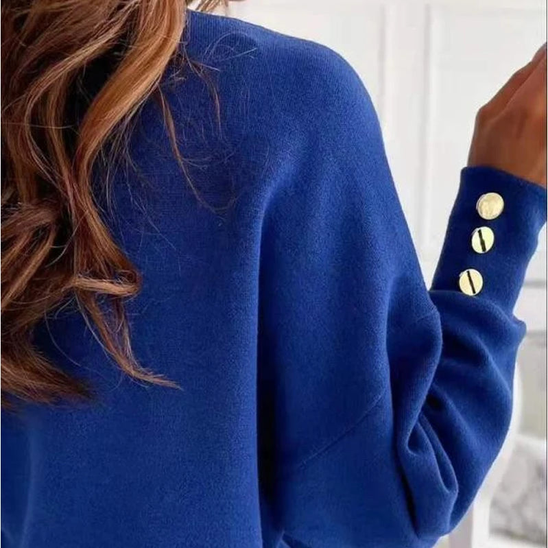 Long Sleeve Knitted Women Sweater V-neck Jumper Office Lady Button Loose Casual Pullover Sweaters