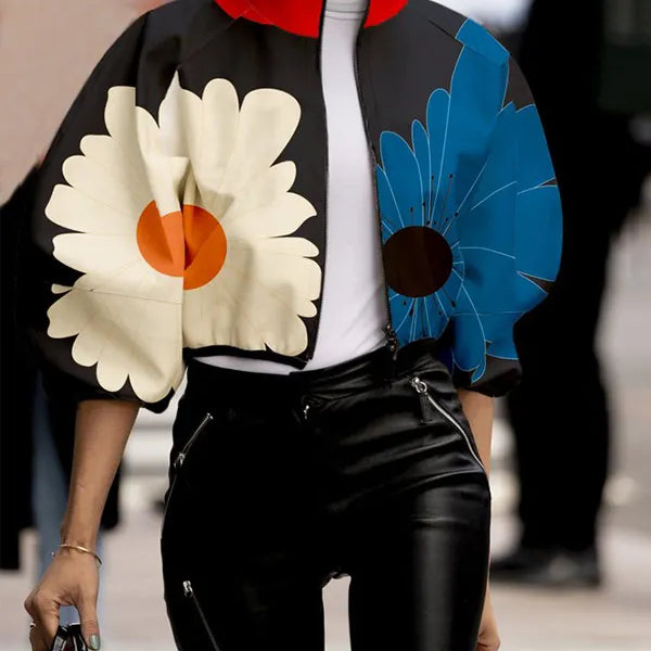 Women Korean Fashion Contrast Color Floral Printed Stand Collar Elegant Jackets Spring Summer Casual Outerwear BLACK