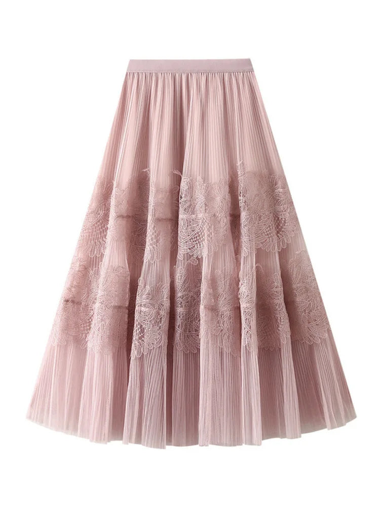 UCXQ New Products Sweet Cake Spliced Skirt Lace Pleated Mesh Large Hem A-line Skirts For Women New Spring Autumn 23A7001