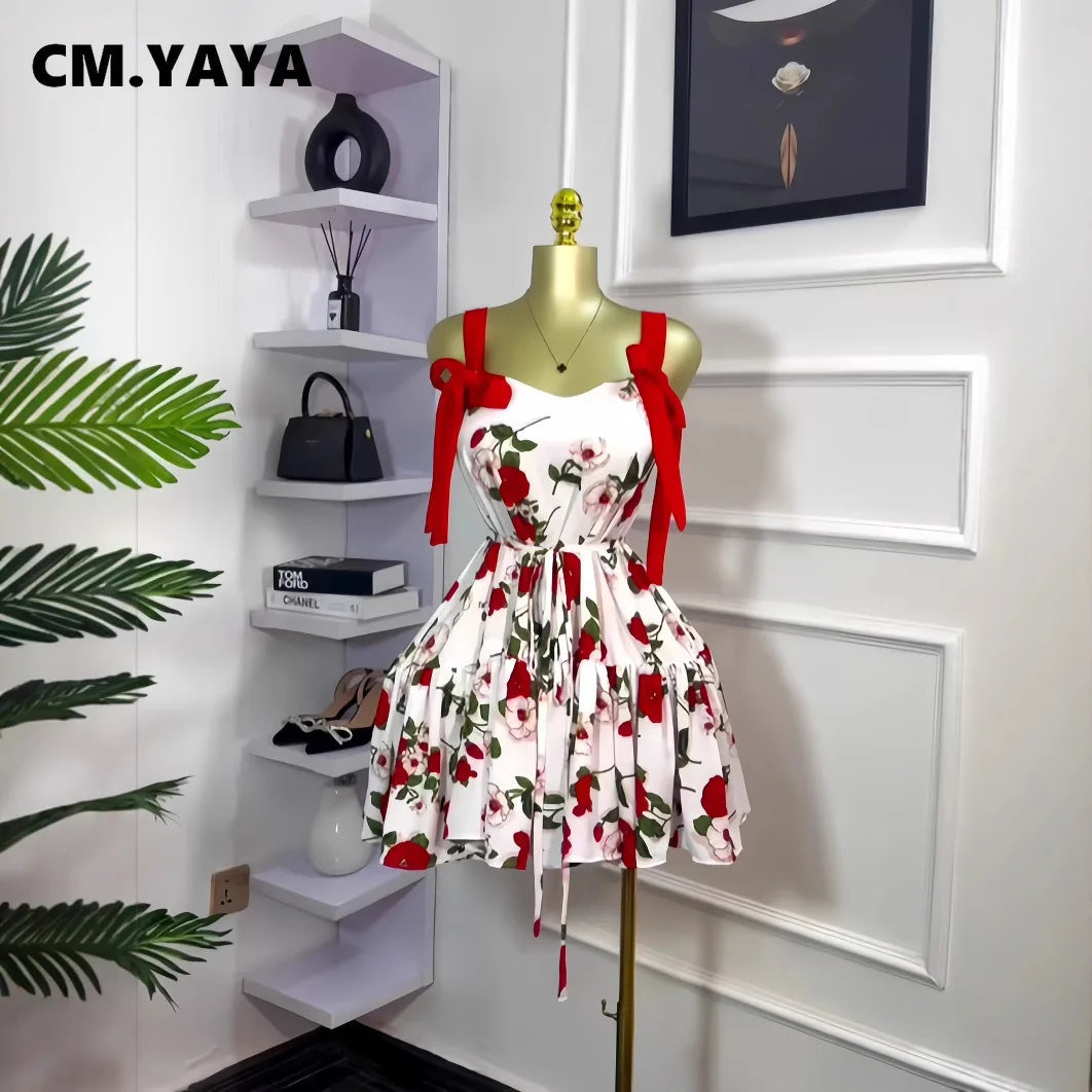 CM.YAYA Women Floral Printed Flare Sleeveless Bow Strap Belt Mini Dress 2025 Evening Sexy Beach Party Birthday Street Dresses