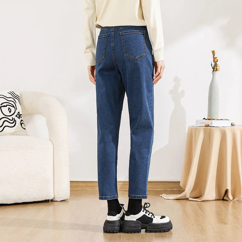 Jeans Women Loose Straight Leg Winter Trendy Bear Pattern Jeans