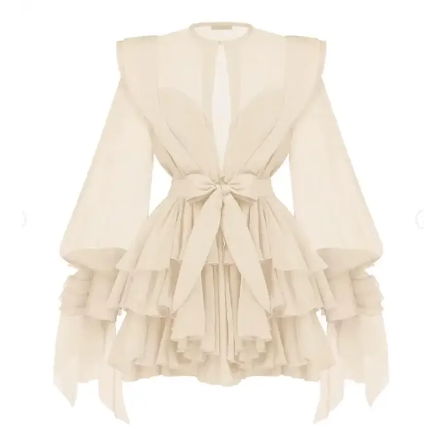 TWOTWINSTYLE Slimming Spliced Ruffles Folds Dresses for Women Round Neck Long Sleeves Patchwork Button Dress Female Fashion New