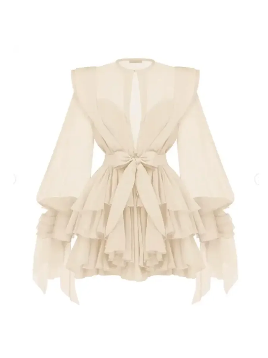 TWOTWINSTYLE Slimming Spliced Ruffles Folds Dresses for Women Round Neck Long Sleeves Patchwork Button Dress Female Fashion New