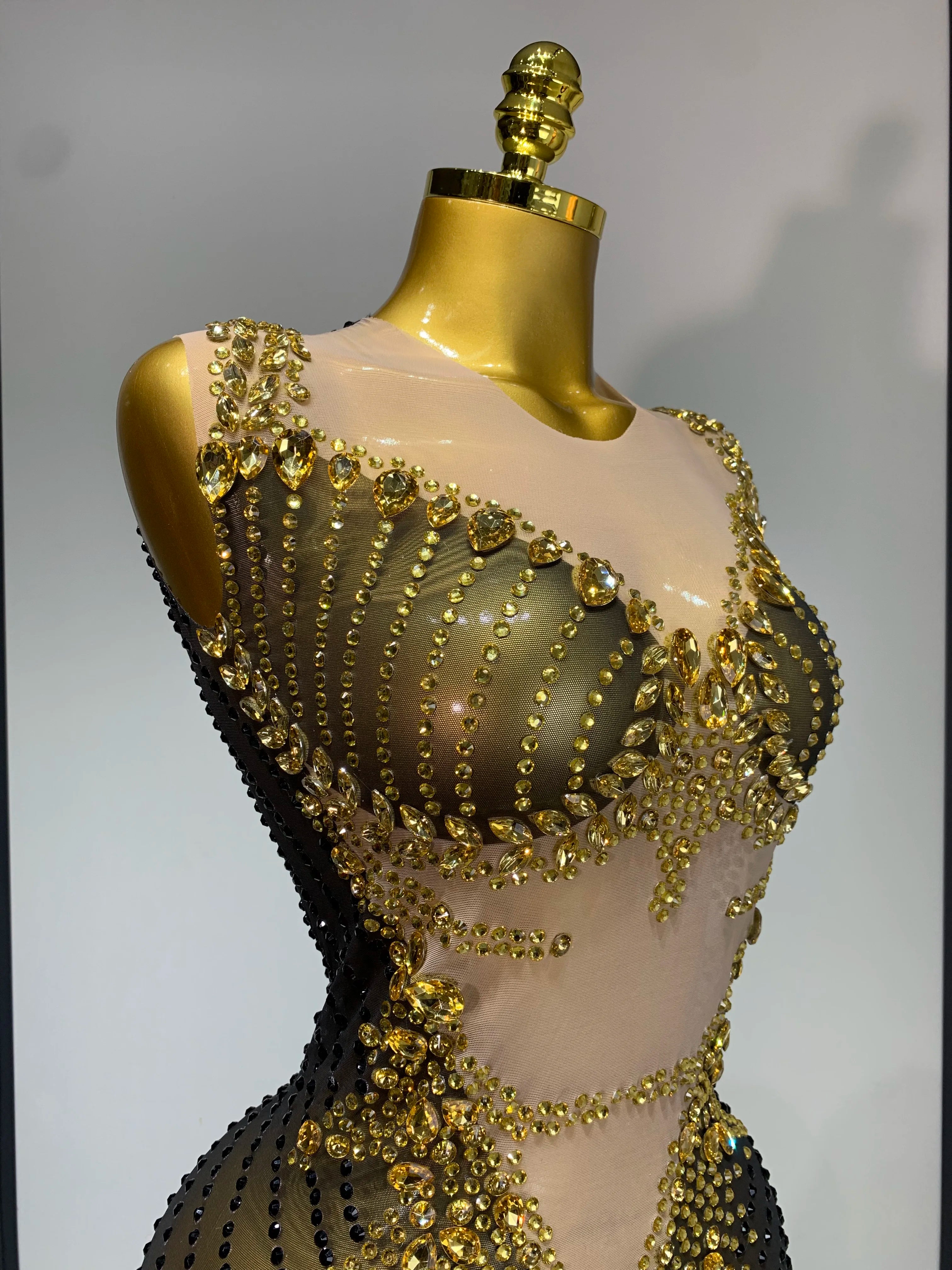 Sparkly Gold Rhinestone Transparent Sleeveless Mini Dress Evening Birthday Celebrate Party Nightclub Dance Performance Outfit