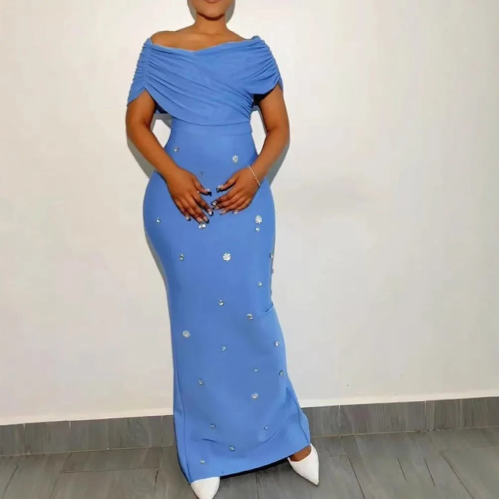 4 Colors Women Sexy Slash Neck Off the Shoulder Shinning Crystal Bodycon Long Bandage Dress Celebrate Birthday Party Outfit