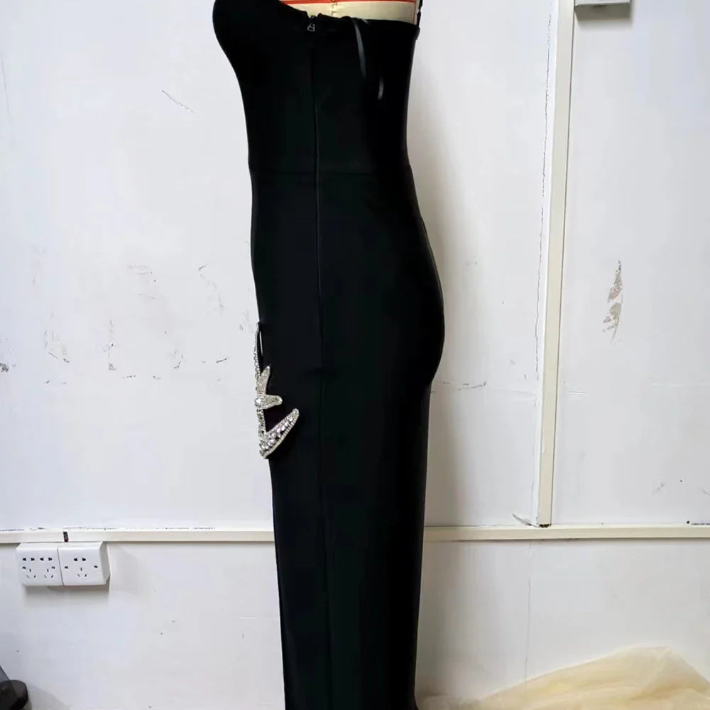 Ailigou New Women's Sexy One Shoulder Sleeveless Diamond Split Thigh Long Bandage Dress Elegant Celebrity Party Dress