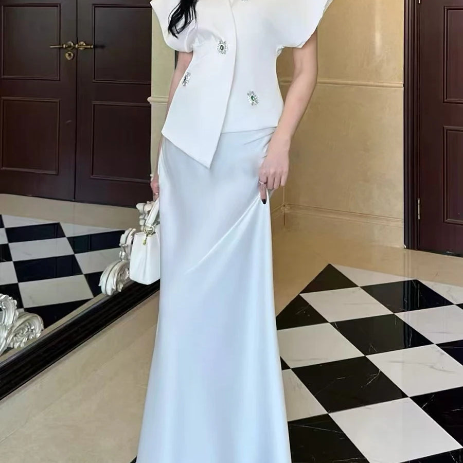 TWOTWINSTYLE Slimming Elegant Two Piece Sets for Women V Neck Short Sleeves Patchwork Bead Top High Waist Long Skirt Set Female