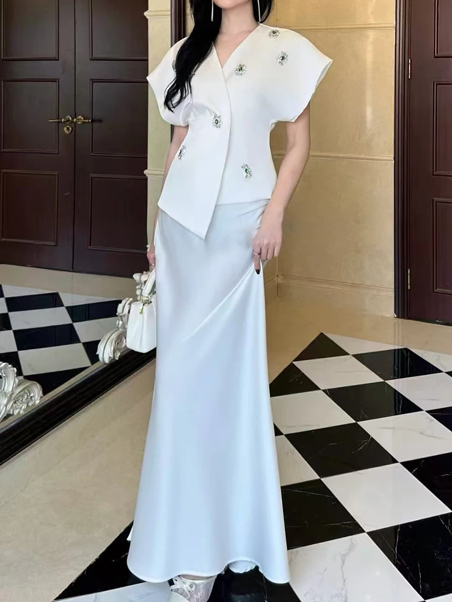 TWOTWINSTYLE Slimming Elegant Two Piece Sets for Women V Neck Short Sleeves Patchwork Bead Top High Waist Long Skirt Set Female