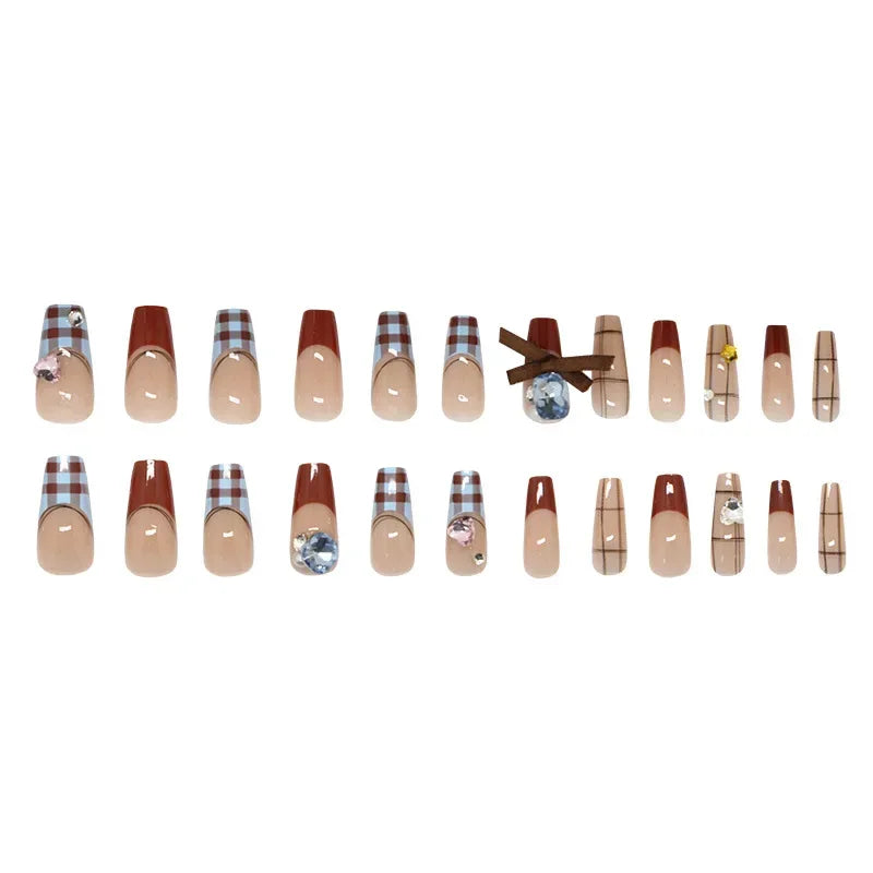 24Pcs Vintage Plaid Press-On Nails Set Blue & Brown with Sparkling Rhinestone Bows Fake Nails Perfect for Girls Daily Wear