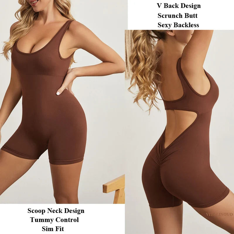 VITALINOVO Backless Workout Jumpsuits for Women Tummy Control One Piece Jumpsuits Seamless Padded V Back Scrunch Yoga Rompers