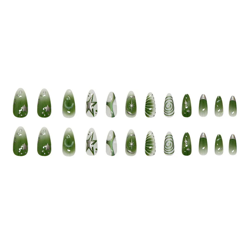 24pcs Summer Green Almond Press on Nails Fashion y2k Star Print False Nails Ins Simple Wearable Reusable Fake Nails for Women