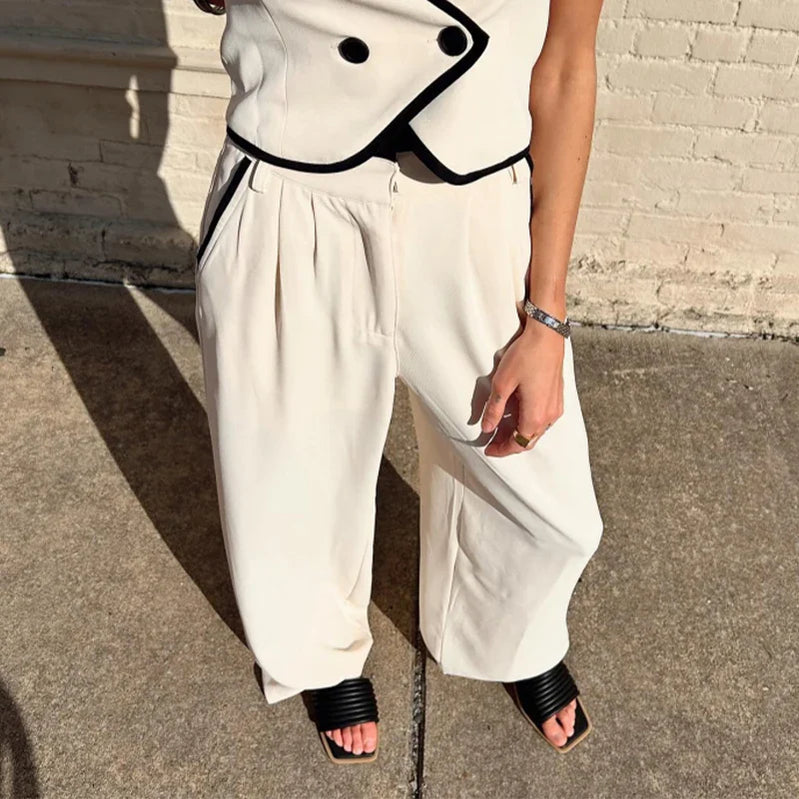 Womens Spliced V-neck Sleeveless Tank Top Suits Elegant Casual Pocket Wide Leg Pant Women 2 Piece Sets Vest Pants Outfit Pants