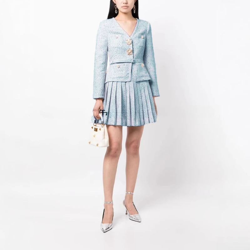 TWOTWINSTYLE Solid Slimming Two Piece Sets for Women V Neck Long Sleeevs Spliced Button Top High Waist Pleated Skirts Set Female