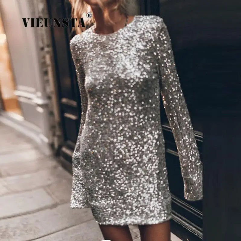 Women Glitter Party Cocktail Party Dress Fashion Long Sleeve Backless Dress Temperament Elegant Sexy Sequined Evening Dress