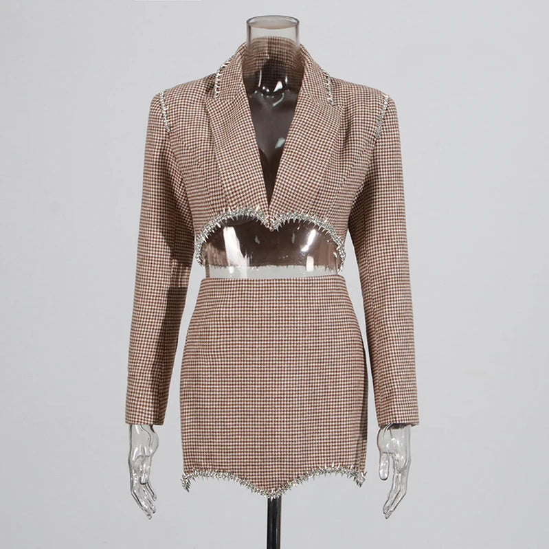 TWOTWINSTYLE Solid Two Piece Set For Women Notched Collar Long Sleeve Spliced Diamond Blazer High Waist Skirt Casual Set Female