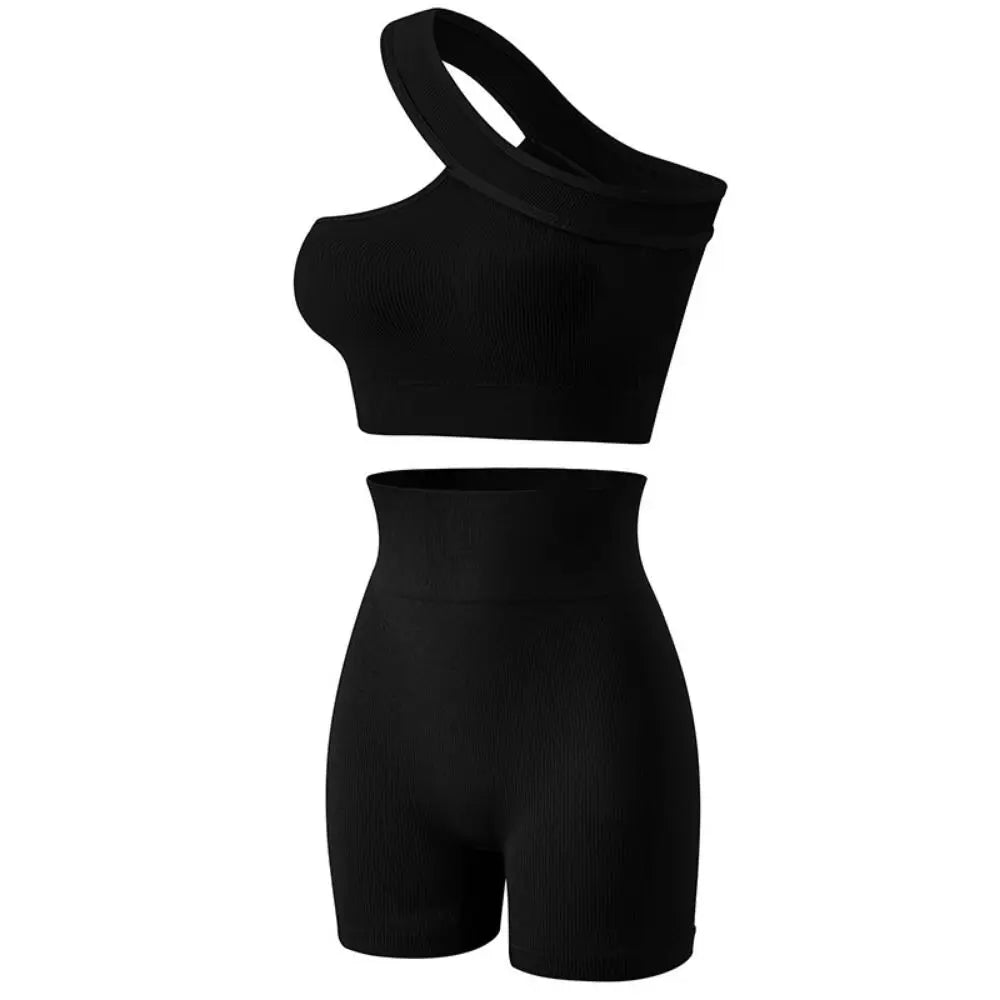 2Pcs Seamless Women Workout Sets Casual High Waist One Shoulder Yoga Outfits Tank Tops Ribbed Sports Bra Gym Black