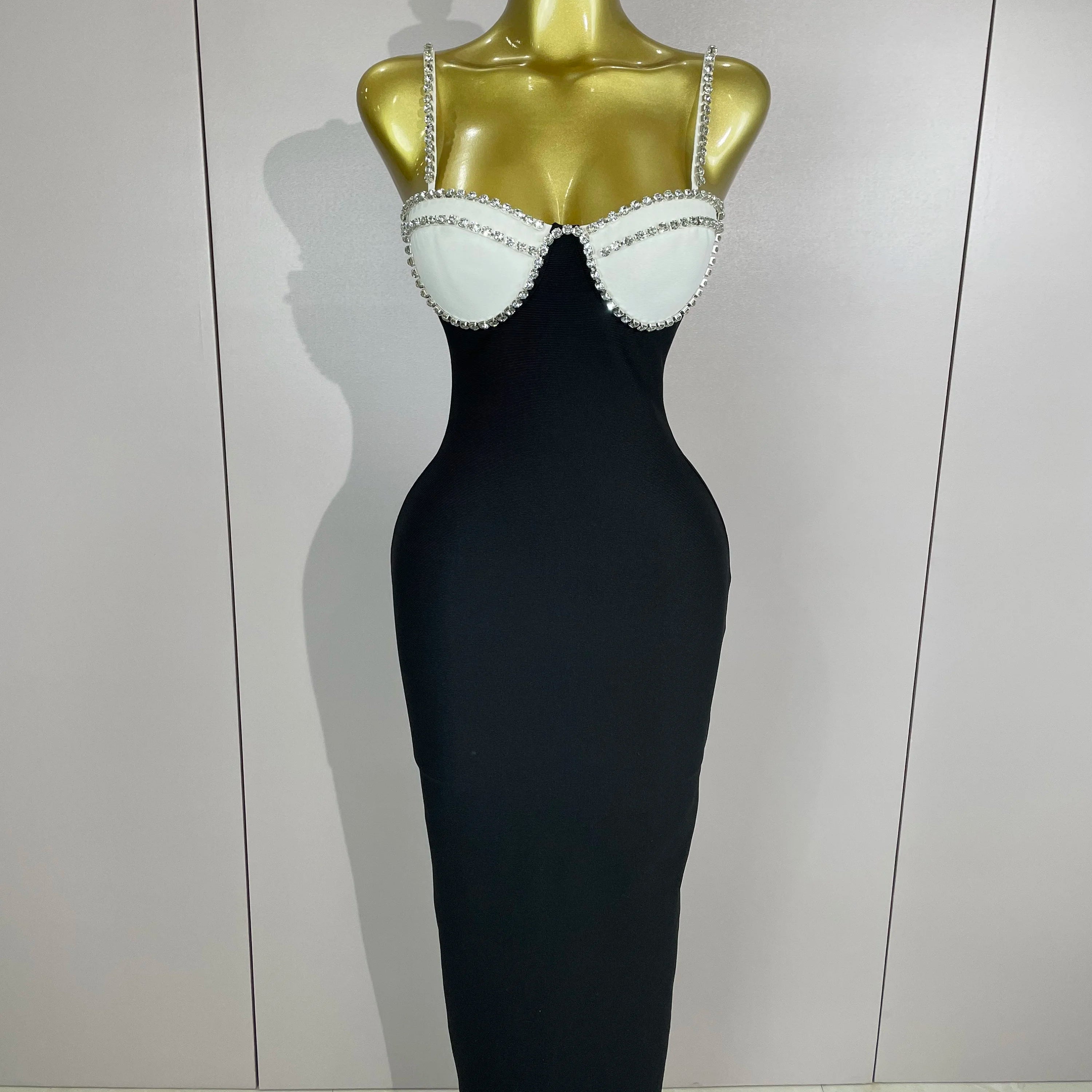 2025 Women Celebrity Sexy Backless Diamonds Patchwork Black Red Maxi Long Bodycon Bandage Dress Elegant Evening Club Party Dress