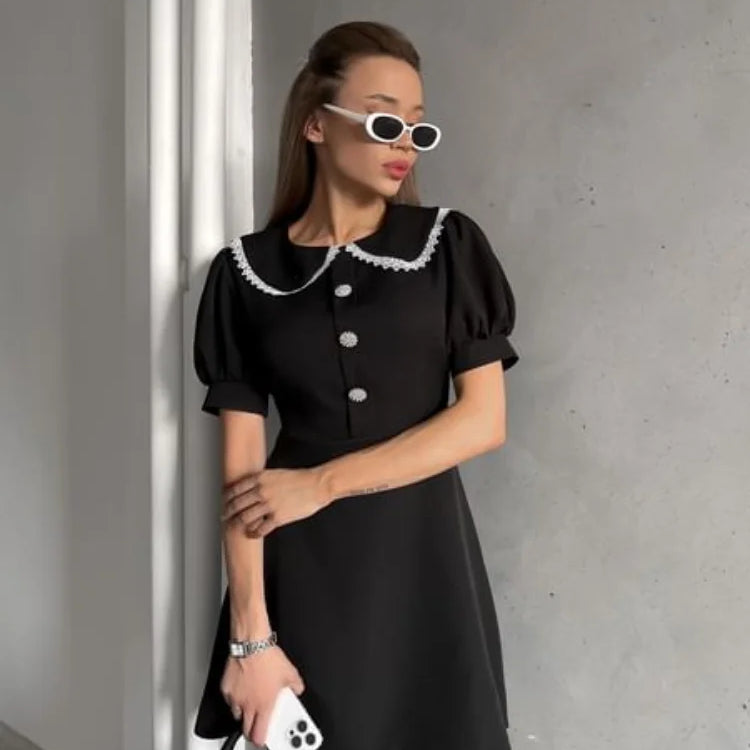 Elegant Doll Collar Mini Dress Women Spring Summer Chic Solid Short Sleeve Sexy Slim Button Dresses Female Commute Clothes