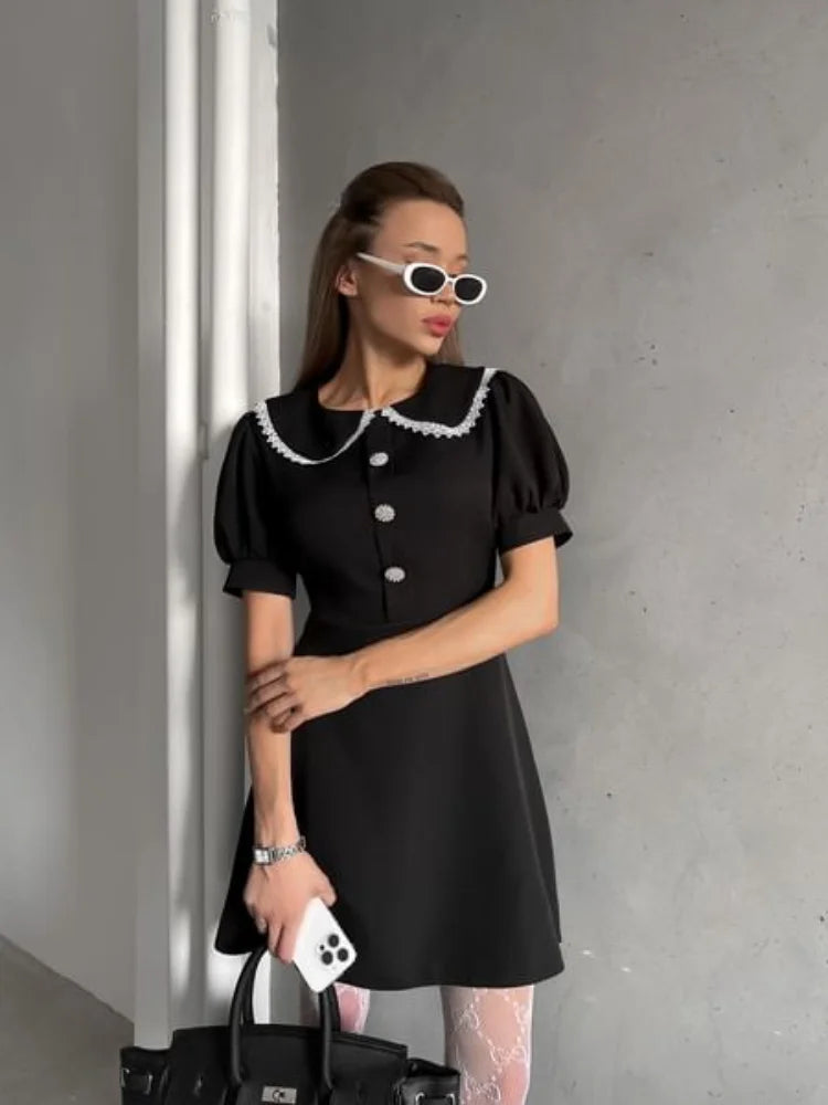 Elegant Doll Collar Mini Dress Women Spring Summer Chic Solid Short Sleeve Sexy Slim Button Dresses Female Commute Clothes