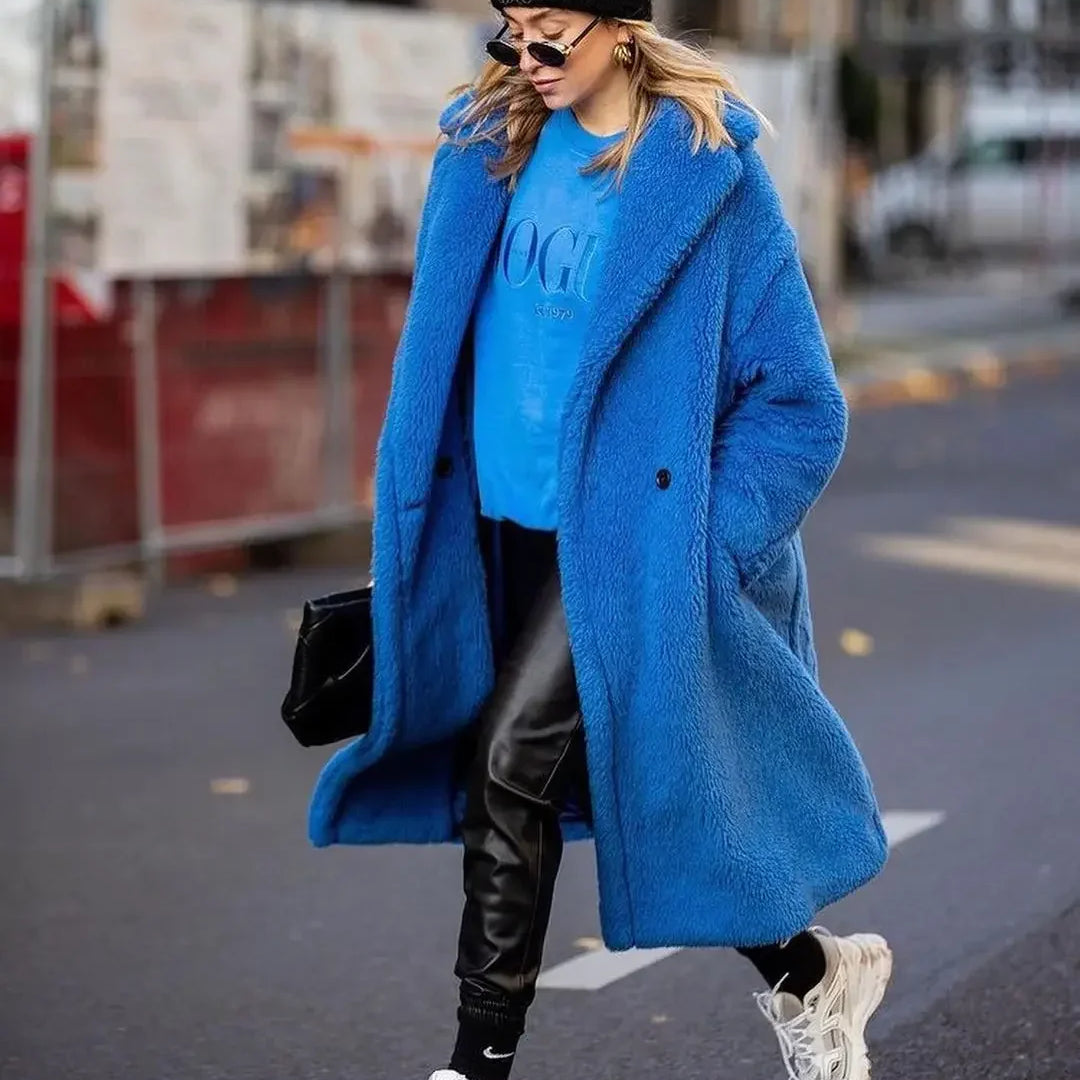 Teddy Bear Coat Lamb Fur Women's Clothing New Warm Thickened Plush Plush Medium-length Environmentally Friendly Coat Chic blue