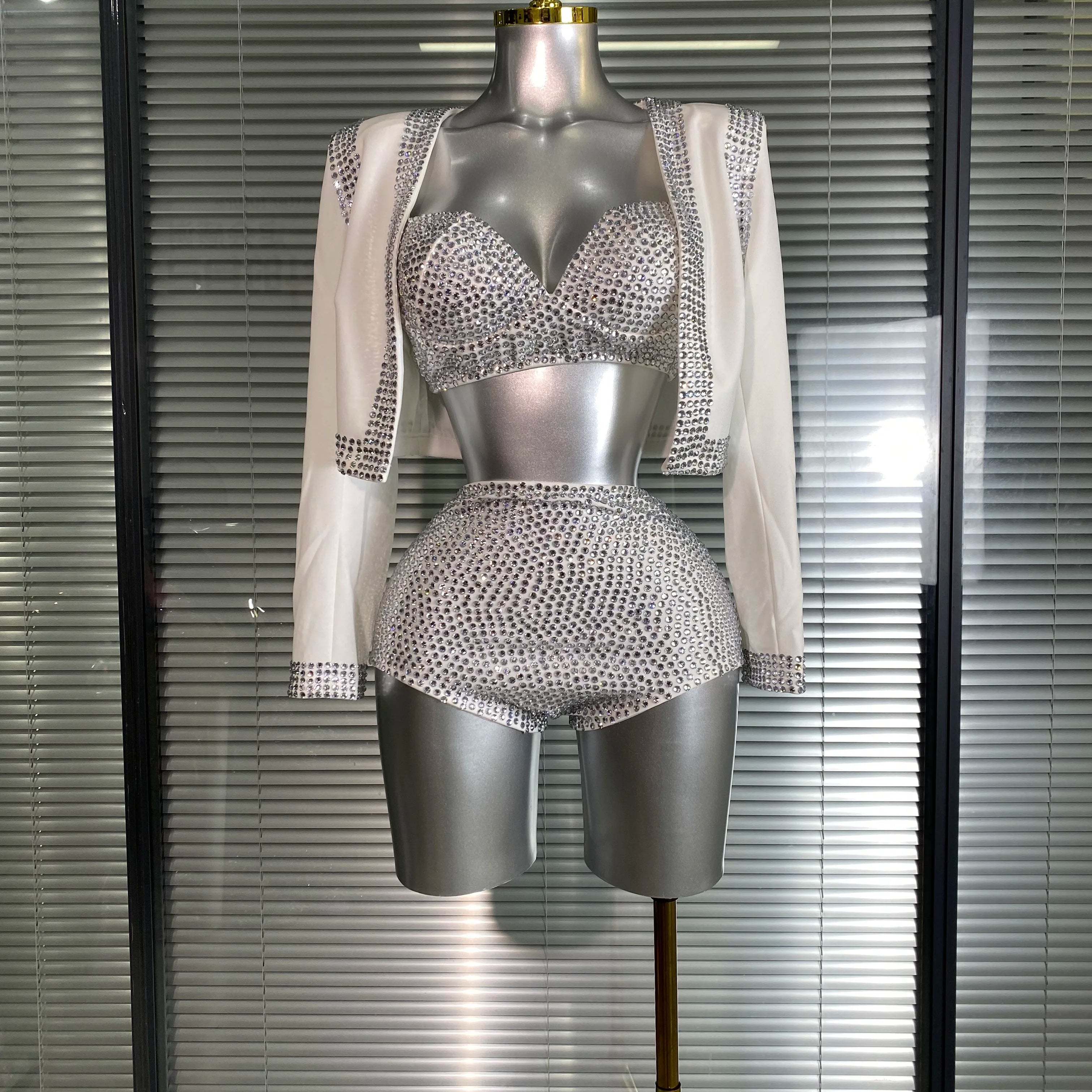 Women Sexy Two Pieces Set Pink Crystal Diamond Night Club Short Pants Suits Coat Singer Dancer Stage Performance Costume