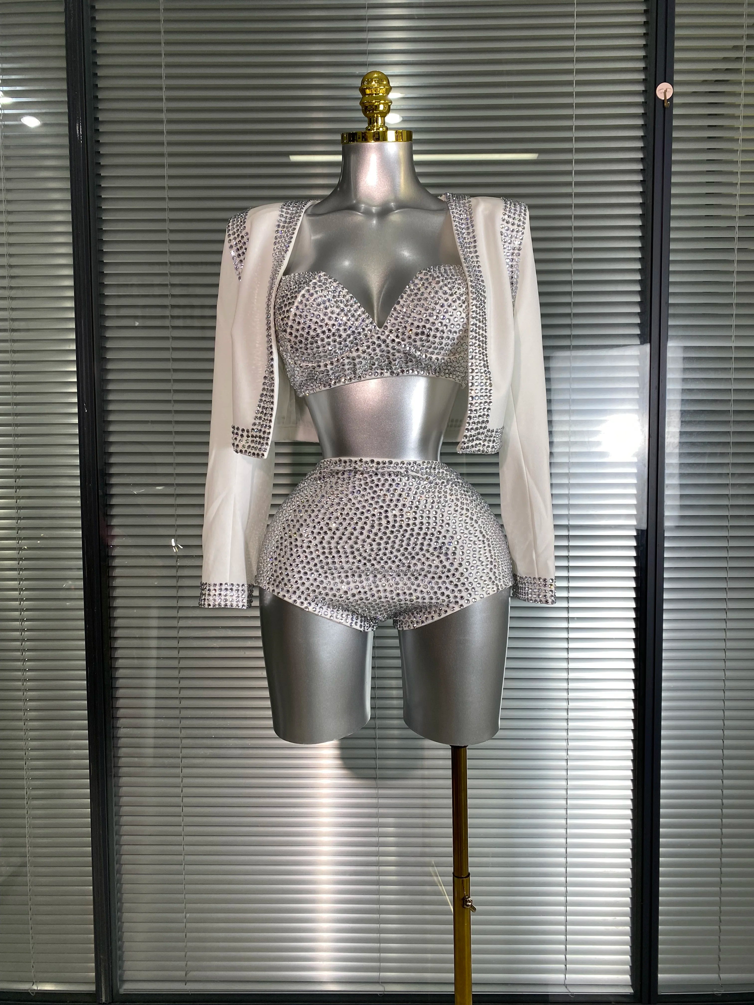 Women Sexy Two Pieces Set Pink Crystal Diamond Night Club Short Pants Suits Coat Singer Dancer Stage Performance Costume