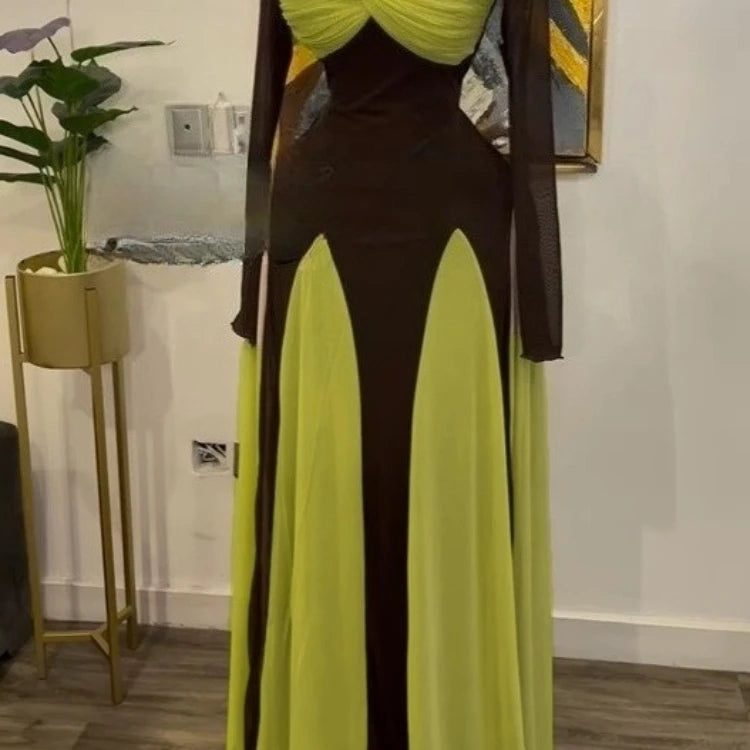 GLCMYAYA Women Long Sleeve Draped Front Midi A-line Patchwork Maxi Long  Dress 2025 Vacation Holiday Party Birthday Dresses