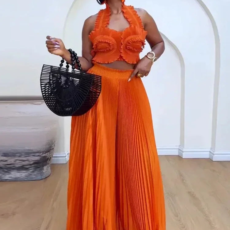CM.YAYA Streetwear Women's Set Sleeveless Halter Crop Pleated Top+Wide Leg Pants Elegant 2024 Fall Party Two 2-Piece Set Outfits