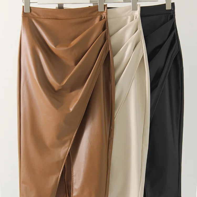 Women Leather Skirt Midi High Waist Elegant Autumn Zipper PU Front Slit Skirts Ladies Black Faux Leather Folded Skirt For Women