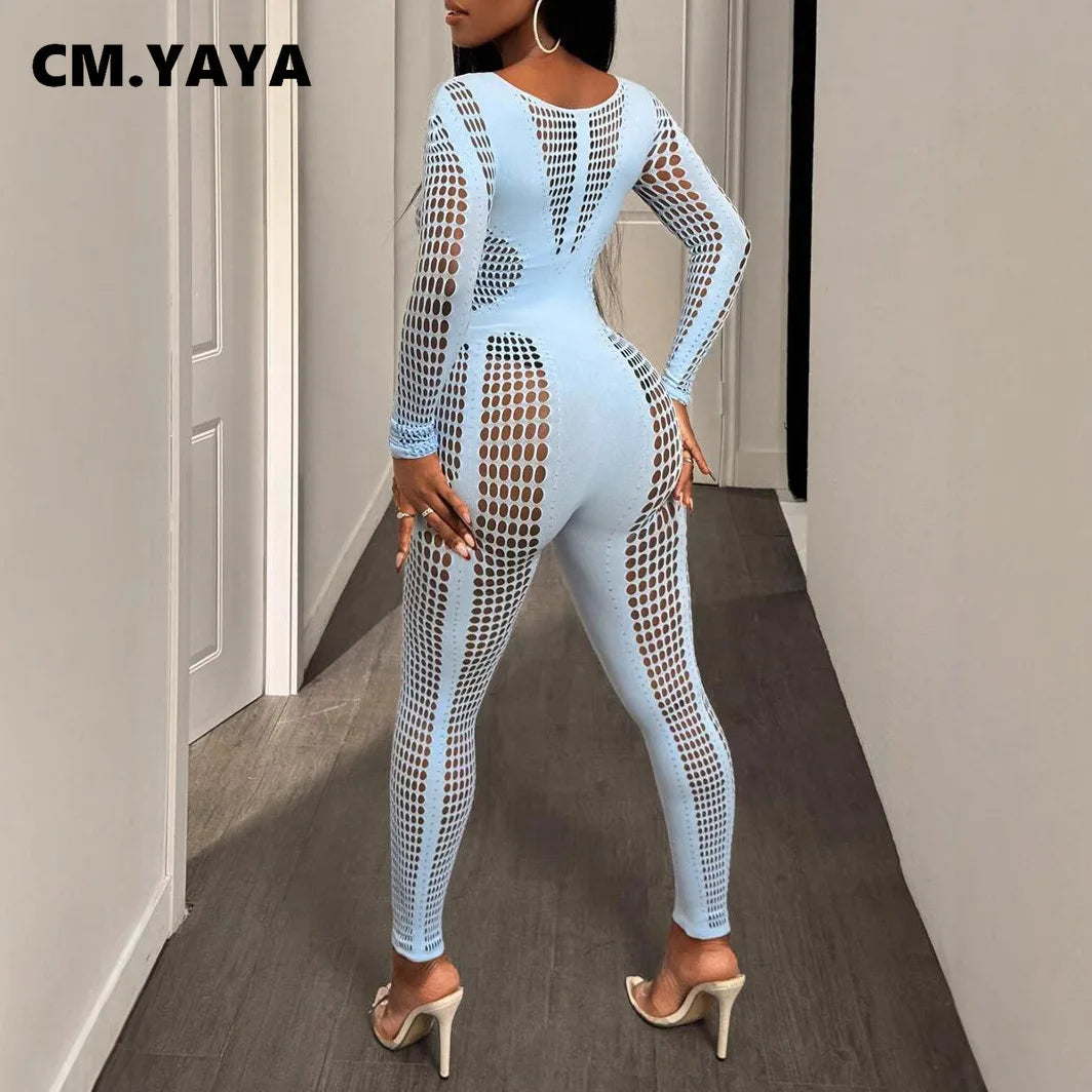 CM.YAYA 2025 O-neck Full Sleeve Women Mesh Hollow Out Jumpsuits Casual Night Club Sexystreet Sexy Perspective Outfits Rompers